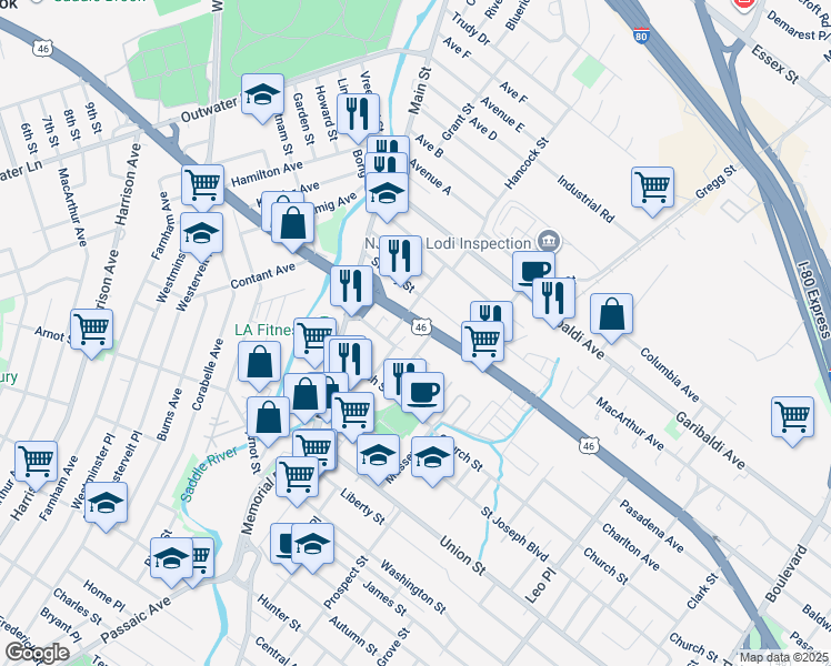 map of restaurants, bars, coffee shops, grocery stores, and more near 75 U.S. 46 in Lodi