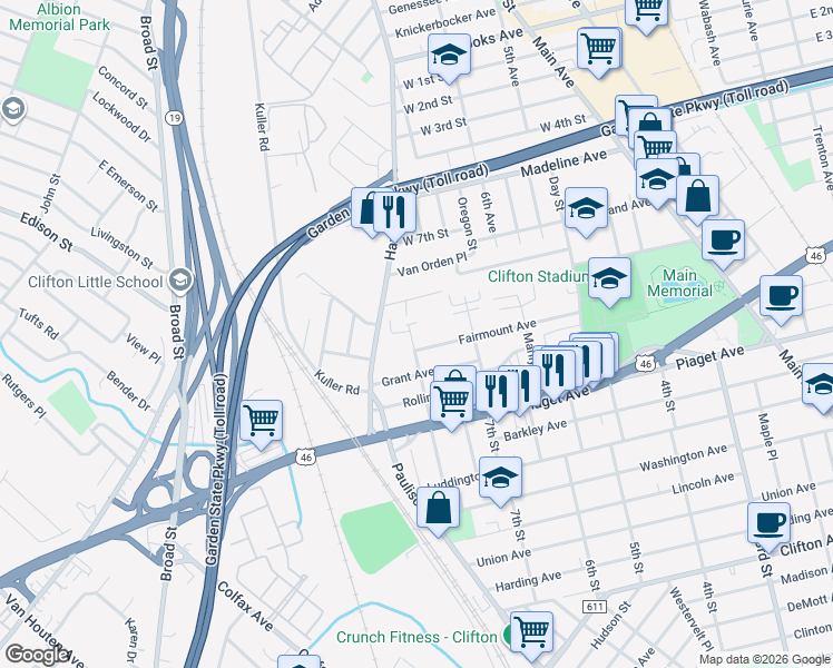 map of restaurants, bars, coffee shops, grocery stores, and more near 72 Martha Avenue in Clifton