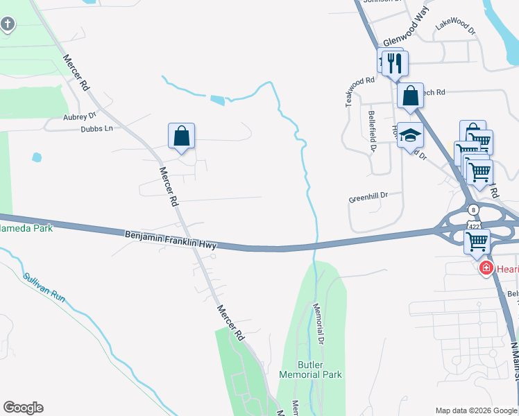 map of restaurants, bars, coffee shops, grocery stores, and more near 156 Victor Road in Butler