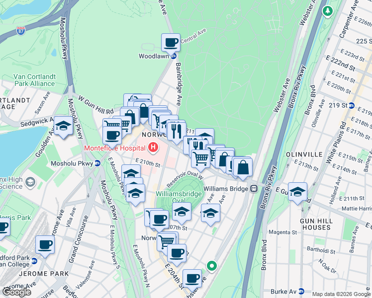 map of restaurants, bars, coffee shops, grocery stores, and more near 3520 Tryon Avenue in Bronx