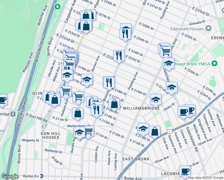 map of restaurants, bars, coffee shops, grocery stores, and more near 907 East 218th Street in Bronx