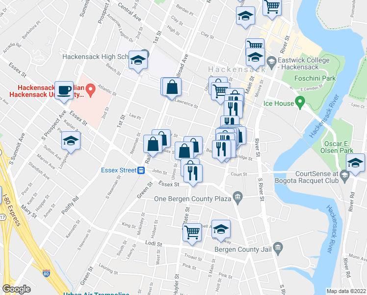 map of restaurants, bars, coffee shops, grocery stores, and more near 77 Myer Street in Hackensack