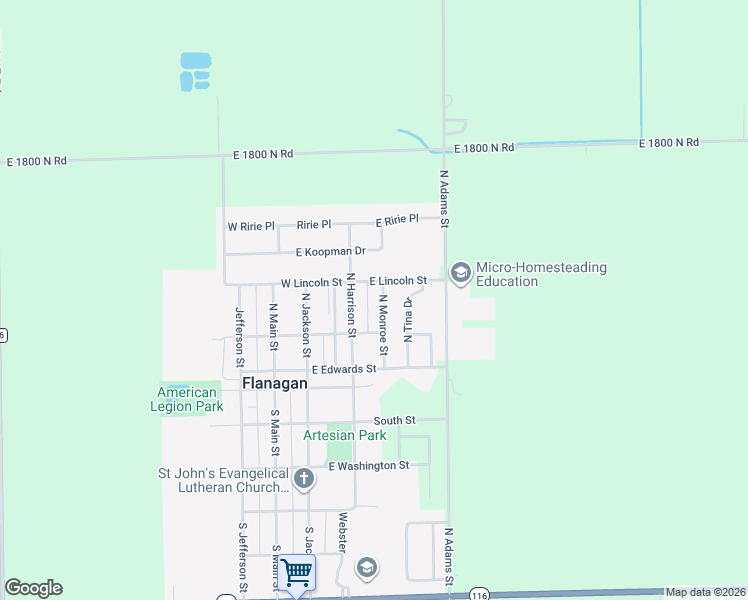 map of restaurants, bars, coffee shops, grocery stores, and more near 301 East Lincoln Street in Flanagan