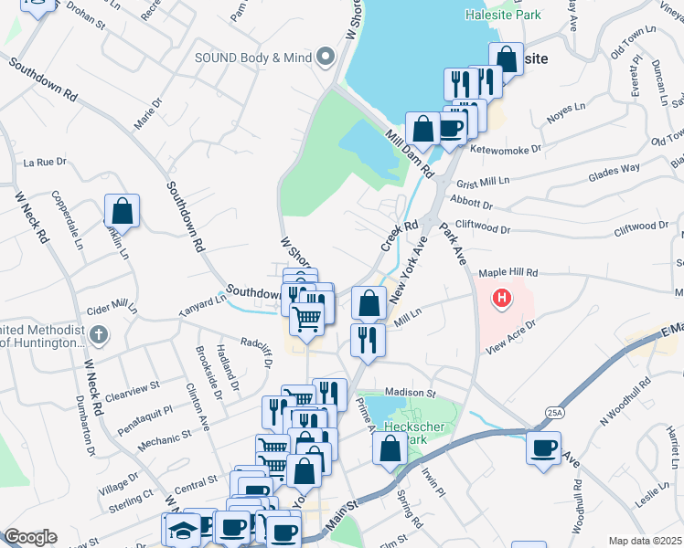 map of restaurants, bars, coffee shops, grocery stores, and more near 2 Hill Place in Huntington
