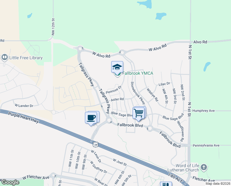map of restaurants, bars, coffee shops, grocery stores, and more near 735 Penrose Drive in Lincoln