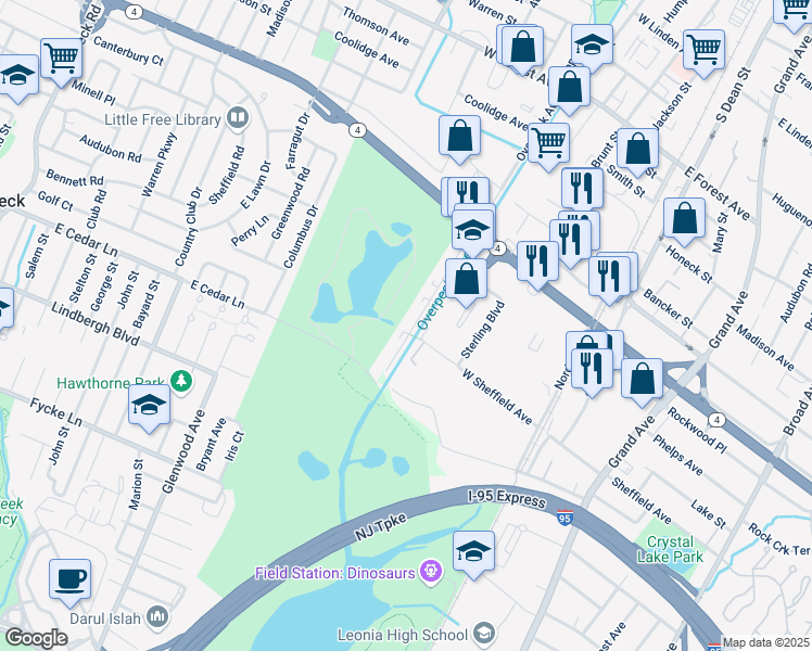 map of restaurants, bars, coffee shops, grocery stores, and more near 2412 Windsor Park Court in Englewood