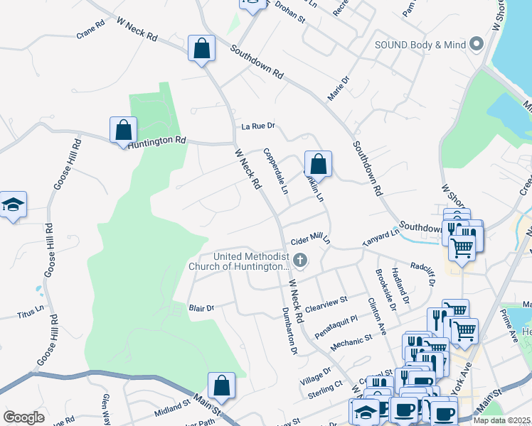 map of restaurants, bars, coffee shops, grocery stores, and more near 225 West Neck Road in Huntington