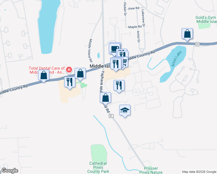 map of restaurants, bars, coffee shops, grocery stores, and more near 24 Fairview Circle in Middle Island