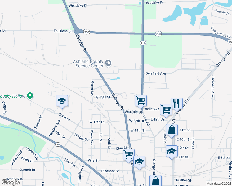 map of restaurants, bars, coffee shops, grocery stores, and more near 1517 Cottage Street in Ashland
