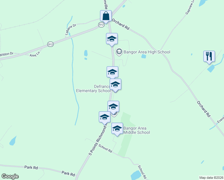 map of restaurants, bars, coffee shops, grocery stores, and more near 267 5 Points Richmond Road in Bangor