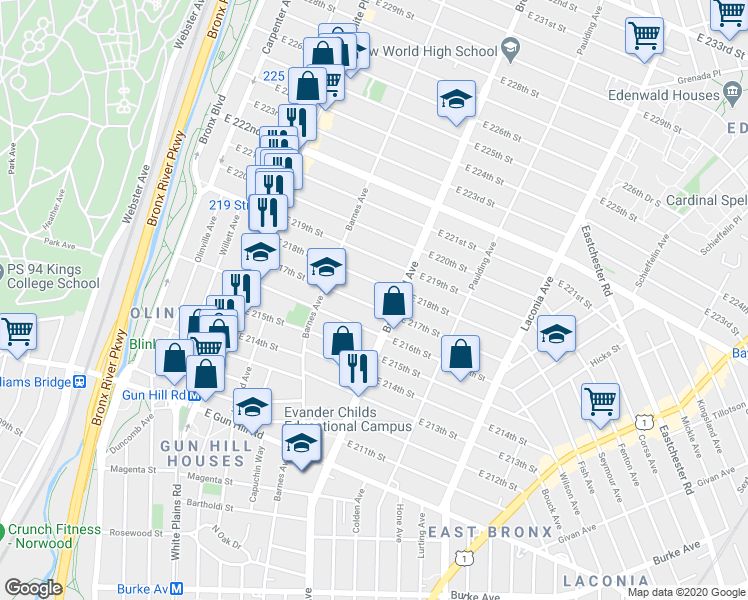 map of restaurants, bars, coffee shops, grocery stores, and more near 854 East 218th Street in The Bronx