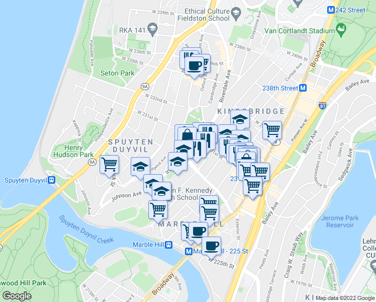 map of restaurants, bars, coffee shops, grocery stores, and more near 3030 Johnson Avenue in The Bronx