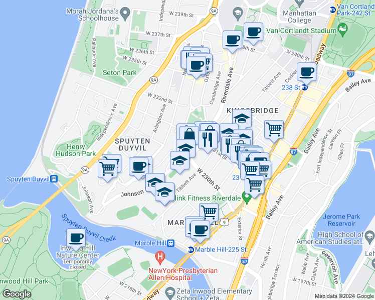 map of restaurants, bars, coffee shops, grocery stores, and more near 3030 Johnson Avenue in The Bronx