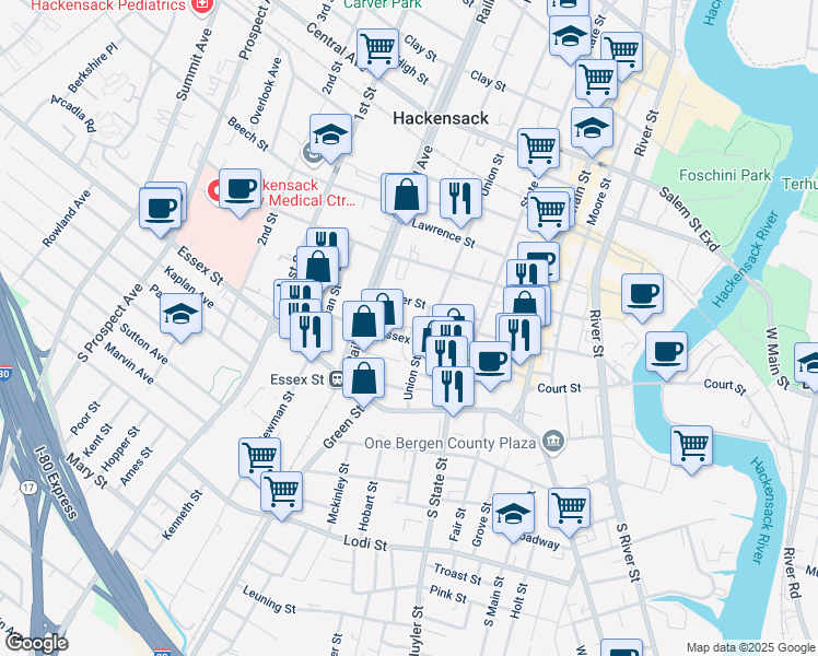 map of restaurants, bars, coffee shops, grocery stores, and more near 75 Union Street in Hackensack