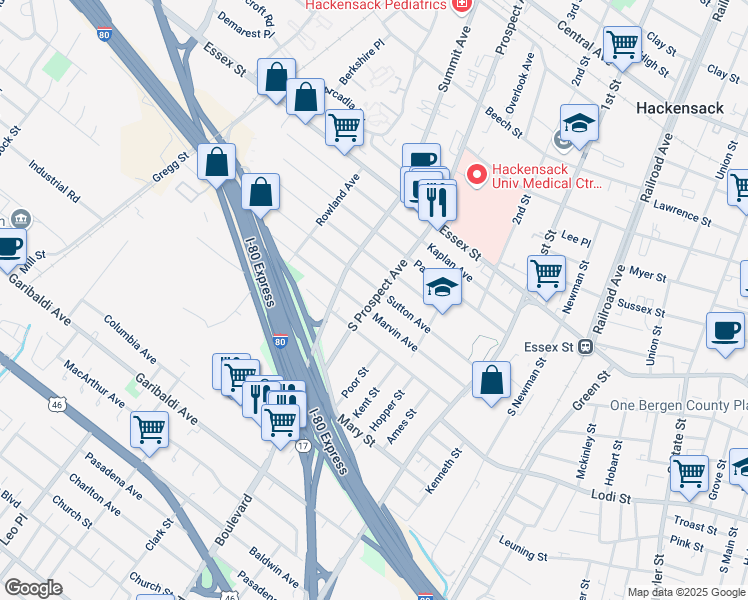 map of restaurants, bars, coffee shops, grocery stores, and more near 87 South Prospect Avenue in Hackensack