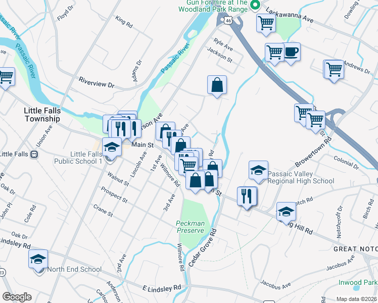map of restaurants, bars, coffee shops, grocery stores, and more near 35 Van Ness Avenue in Little Falls