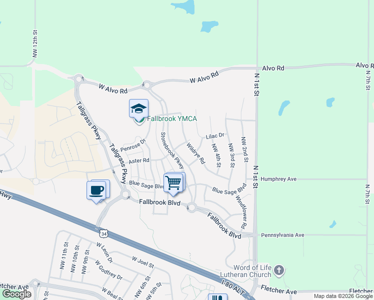 map of restaurants, bars, coffee shops, grocery stores, and more near 6833 Wildrye Road in Lincoln