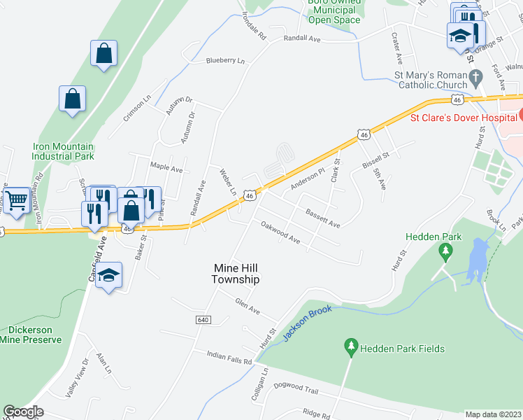 map of restaurants, bars, coffee shops, grocery stores, and more near 1 Hillside Avenue in Mine Hill Township