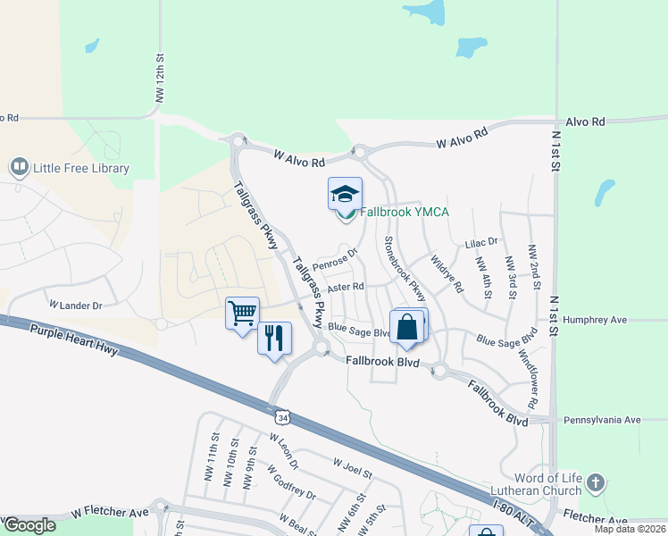 map of restaurants, bars, coffee shops, grocery stores, and more near 735 Penrose Drive in Lincoln