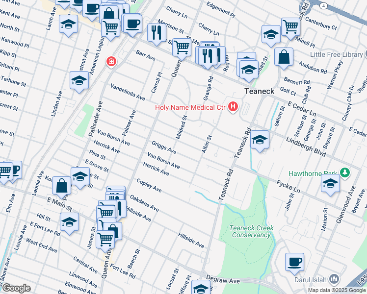map of restaurants, bars, coffee shops, grocery stores, and more near 130 Sherman Avenue in Teaneck