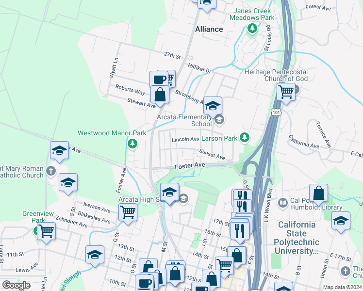map of restaurants, bars, coffee shops, grocery stores, and more near 1320 Sunset Avenue in Arcata