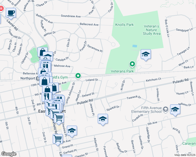 map of restaurants, bars, coffee shops, grocery stores, and more near 6 Leland Street in East Northport