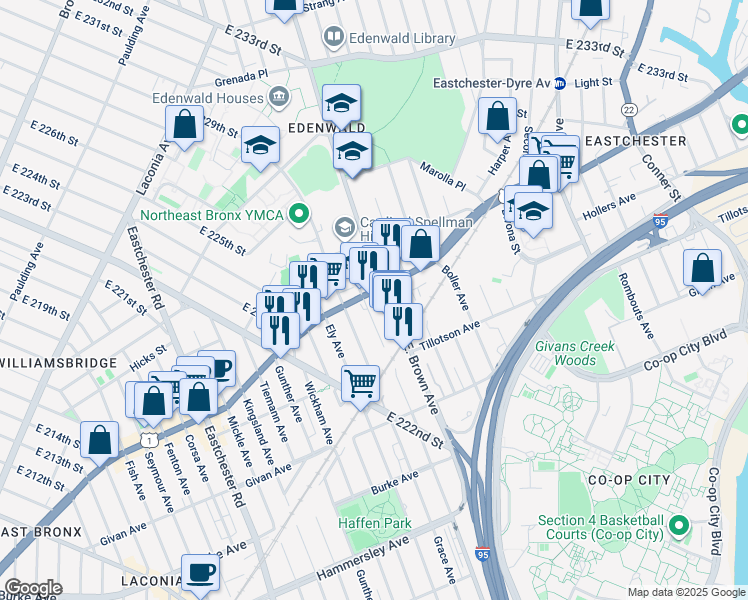 map of restaurants, bars, coffee shops, grocery stores, and more near in The Bronx