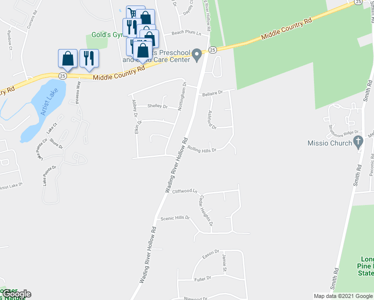 map of restaurants, bars, coffee shops, grocery stores, and more near 2 Rolling Hills Drive in Ridge