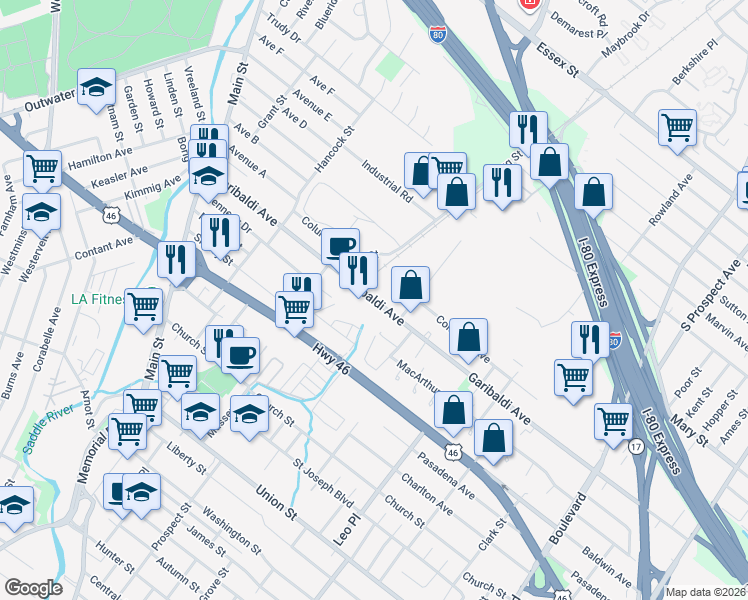 map of restaurants, bars, coffee shops, grocery stores, and more near Garibaldi Avenue in Lodi