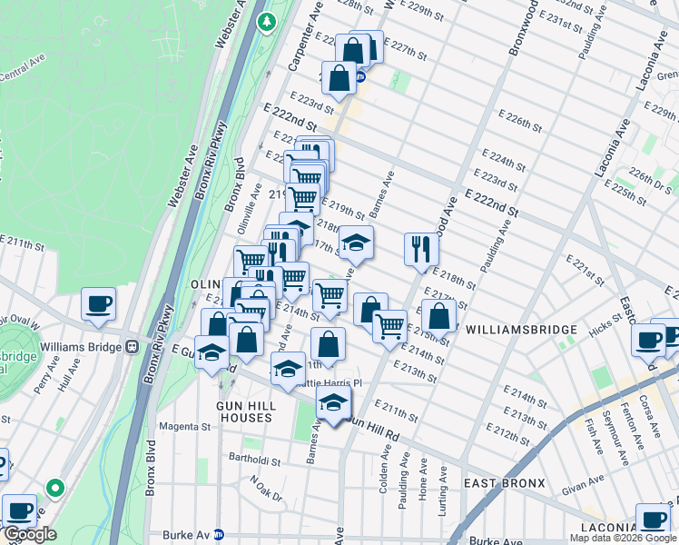 map of restaurants, bars, coffee shops, grocery stores, and more near 769 East 216th Street in The Bronx