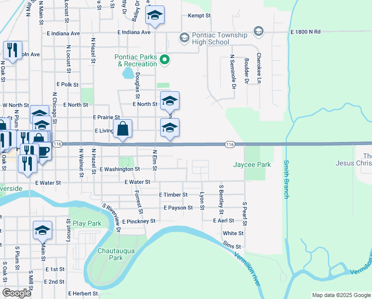 map of restaurants, bars, coffee shops, grocery stores, and more near 1010 East Howard Street in Pontiac