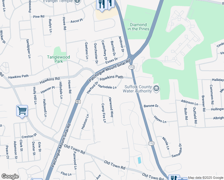 map of restaurants, bars, coffee shops, grocery stores, and more near 14 Hartsdale Ln in Coram