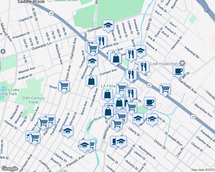 map of restaurants, bars, coffee shops, grocery stores, and more near 2424 Poplar Street in Lodi