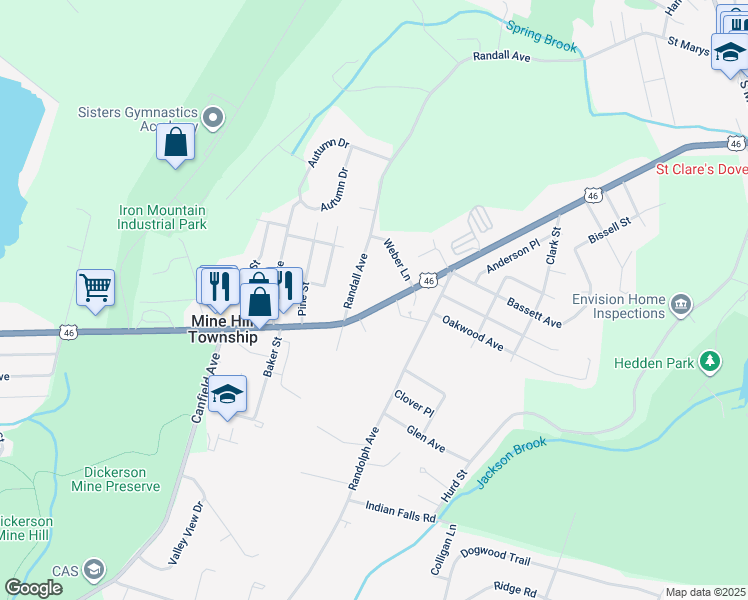 map of restaurants, bars, coffee shops, grocery stores, and more near 181 U.S. 46 in Mine Hill Township