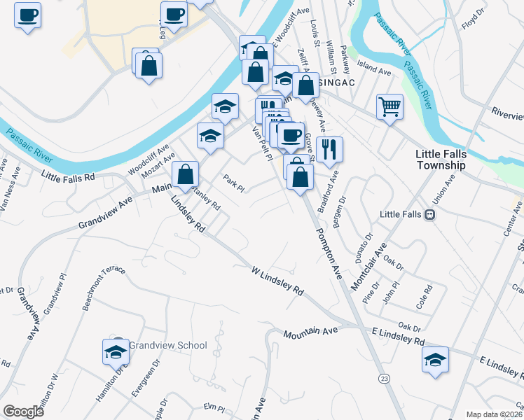 map of restaurants, bars, coffee shops, grocery stores, and more near 34 Tolstoi Place in Little Falls