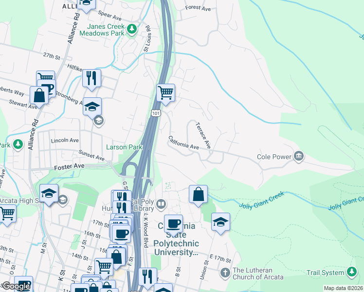 map of restaurants, bars, coffee shops, grocery stores, and more near 315 California Avenue in Arcata