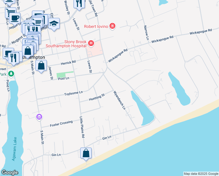 map of restaurants, bars, coffee shops, grocery stores, and more near 55 Wyandanch Lane in Southampton
