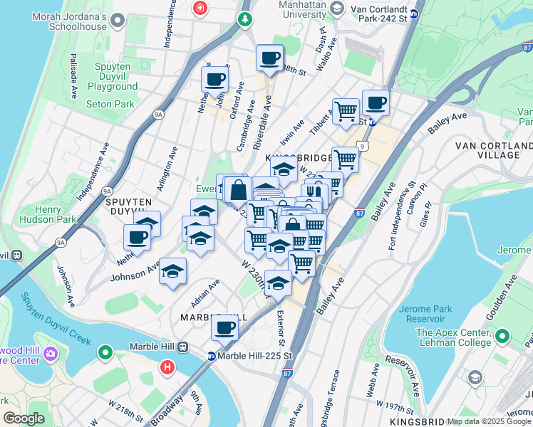 map of restaurants, bars, coffee shops, grocery stores, and more near 3120 Corlear Avenue in Bronx