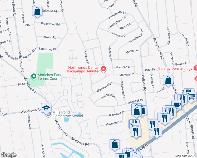 map of restaurants, bars, coffee shops, grocery stores, and more near 46 Malvern Lane in Stony Brook