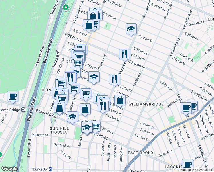 map of restaurants, bars, coffee shops, grocery stores, and more near 855 East 217th Street in The Bronx