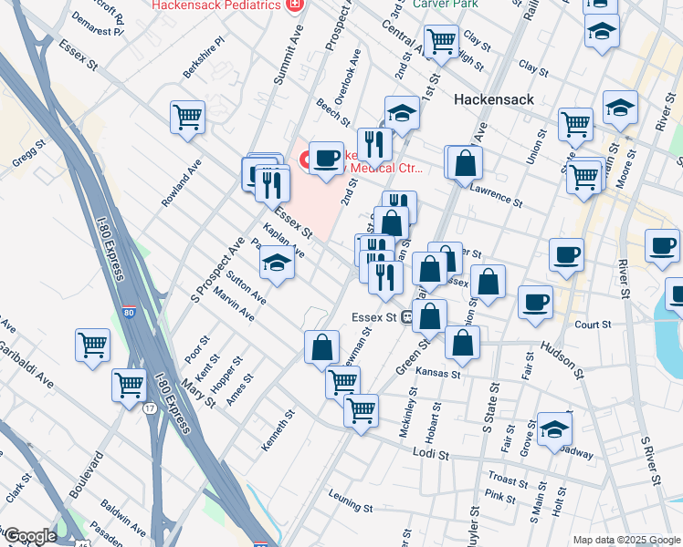map of restaurants, bars, coffee shops, grocery stores, and more near 9 Polifly Road in Hackensack