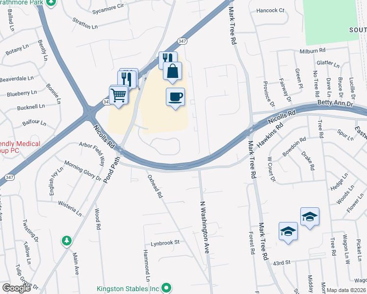 map of restaurants, bars, coffee shops, grocery stores, and more near 65 Sunflower Ridge Road in Centereach