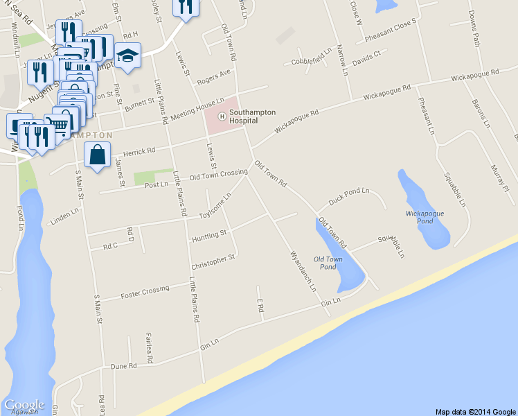 map of restaurants, bars, coffee shops, grocery stores, and more near 55 Wyandanch Lane in Southampton