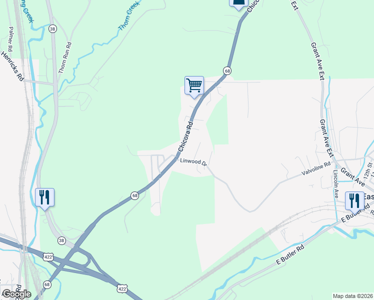 map of restaurants, bars, coffee shops, grocery stores, and more near 200 Chicora Road in Butler