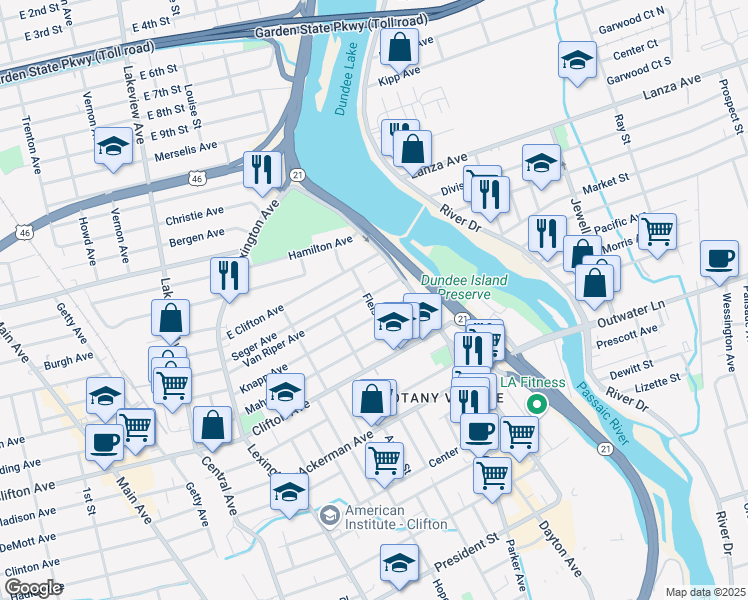 map of restaurants, bars, coffee shops, grocery stores, and more near 31 Van Riper Avenue in Clifton