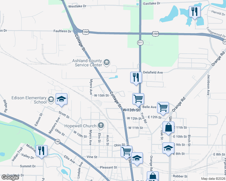 map of restaurants, bars, coffee shops, grocery stores, and more near 1517 Cottage Street in Ashland