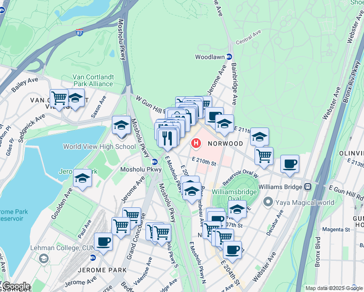 map of restaurants, bars, coffee shops, grocery stores, and more near 3421 Dekalb Avenue in Bronx