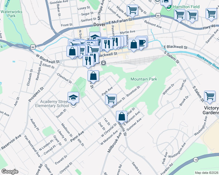 map of restaurants, bars, coffee shops, grocery stores, and more near 43 Park Avenue in Dover