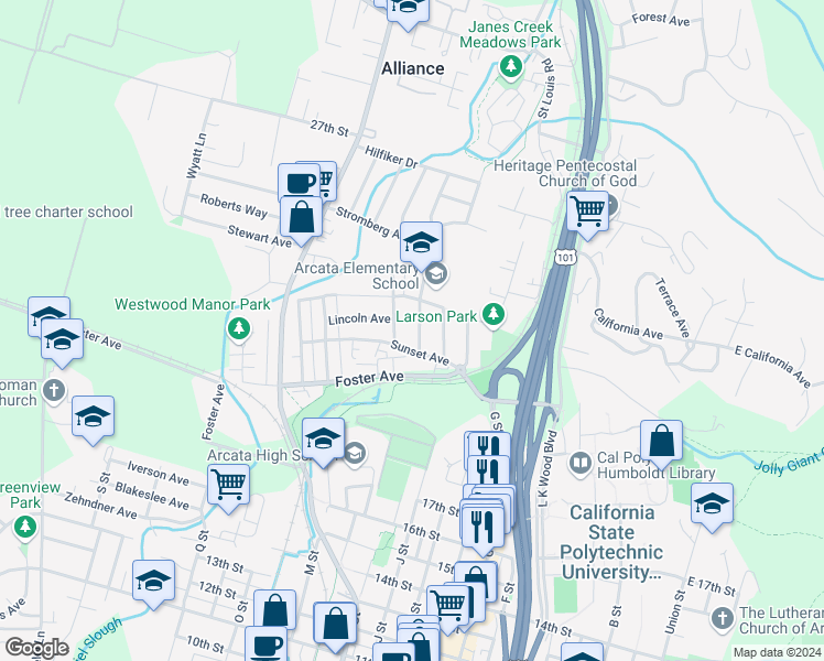 map of restaurants, bars, coffee shops, grocery stores, and more near 2268 Baldwin Street in Arcata