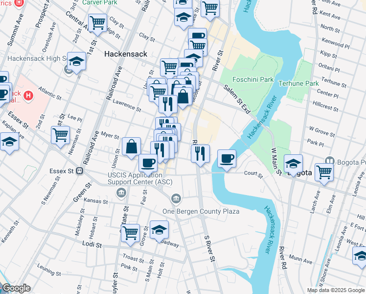map of restaurants, bars, coffee shops, grocery stores, and more near 89 Old River Street in Hackensack